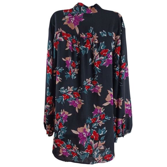 EVRI 4X Floral Tie Neck Tunic Blouse Black Red Purple Long Sleeve Semi Sheer - Picture 6 of 9